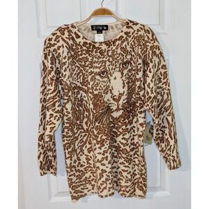 Le Chois Animal Print Sweater Leopard Graphic Knit Pullover Top Large‎ Vtg NWT